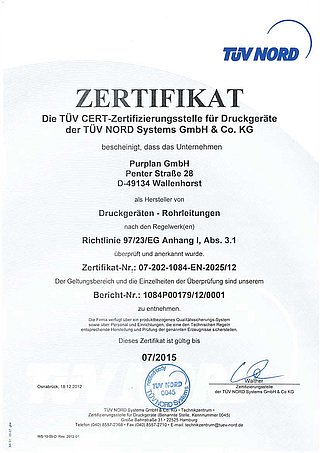 Druckgeräte Richtlinie 97/23/EG Zertifikat